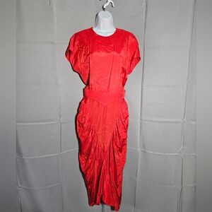 Vintage 80s All That Jazz Red Belted Raglan Sleeve Ruched Cocktail Midi Size Med